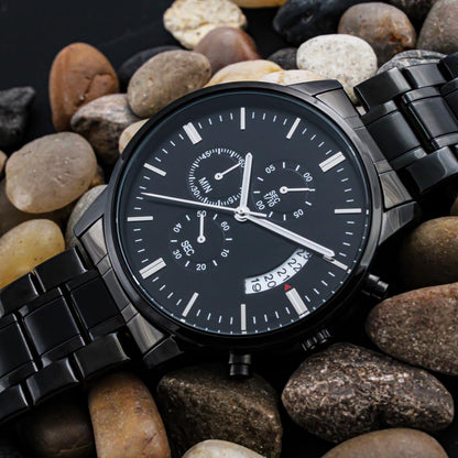 Black Chronograph Watch with Engraving – Gift-Ready Premium Box