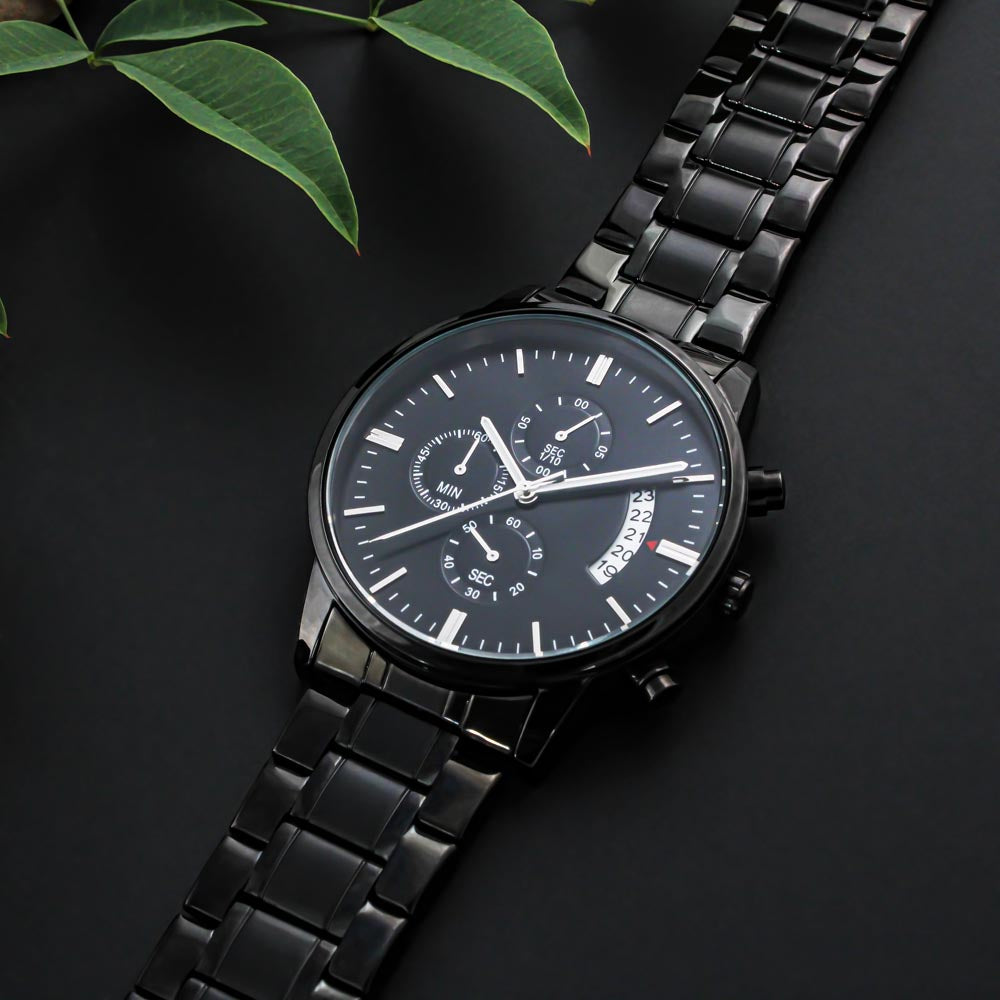 Black Chronograph Watch with Engraving – Gift-Ready Premium Box