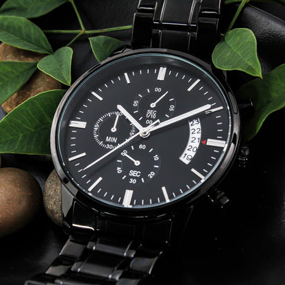 Black Chronograph Watch with Engraving – Gift-Ready Premium Box