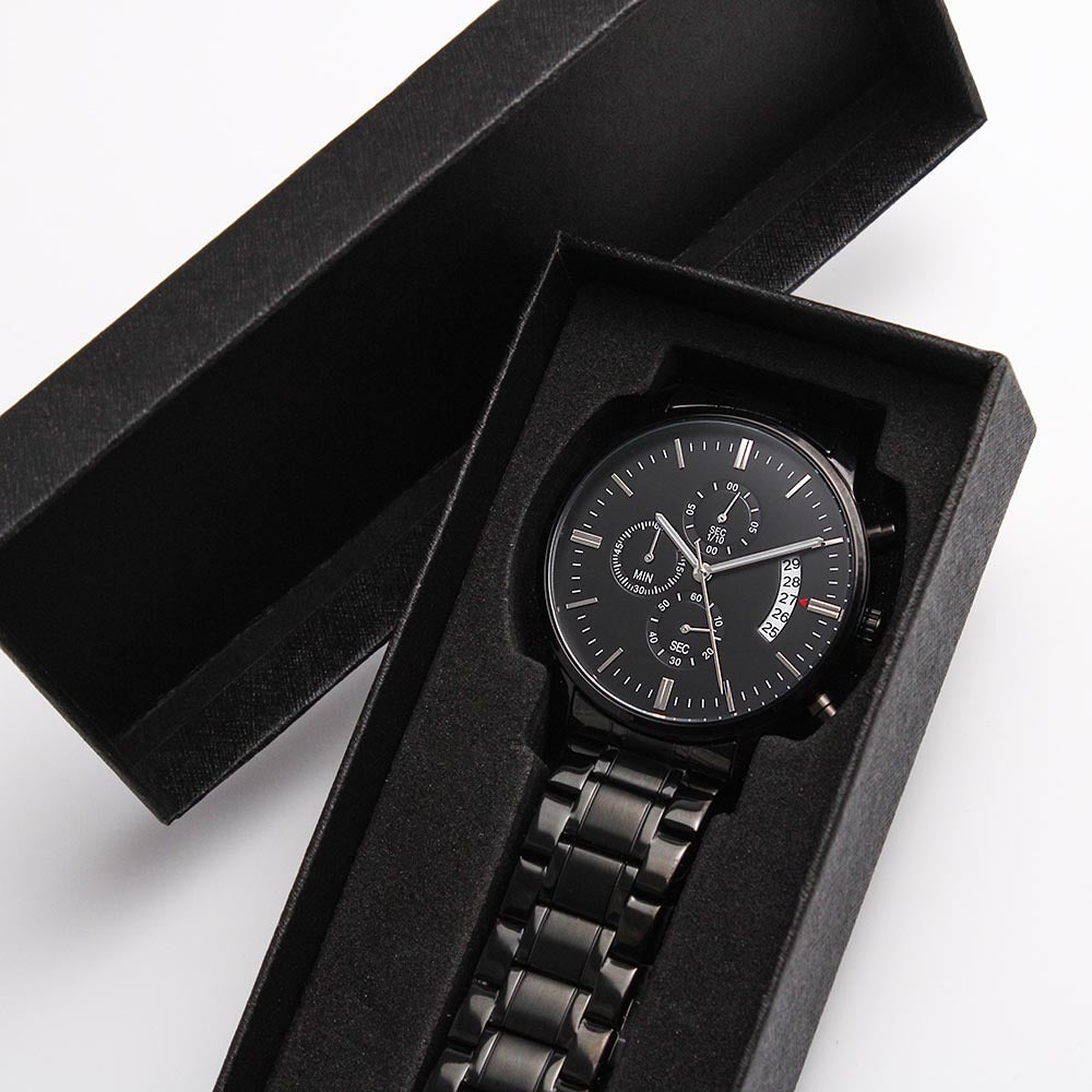 Black Chronograph Watch with Engraving – Gift-Ready Premium Box