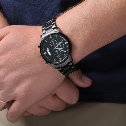 Black Chronograph Watch with Engraving – Gift-Ready Premium Box