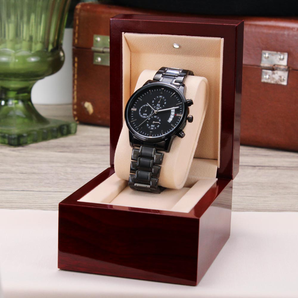 Black Chronograph Watch with Engraving – Gift-Ready Premium Box
