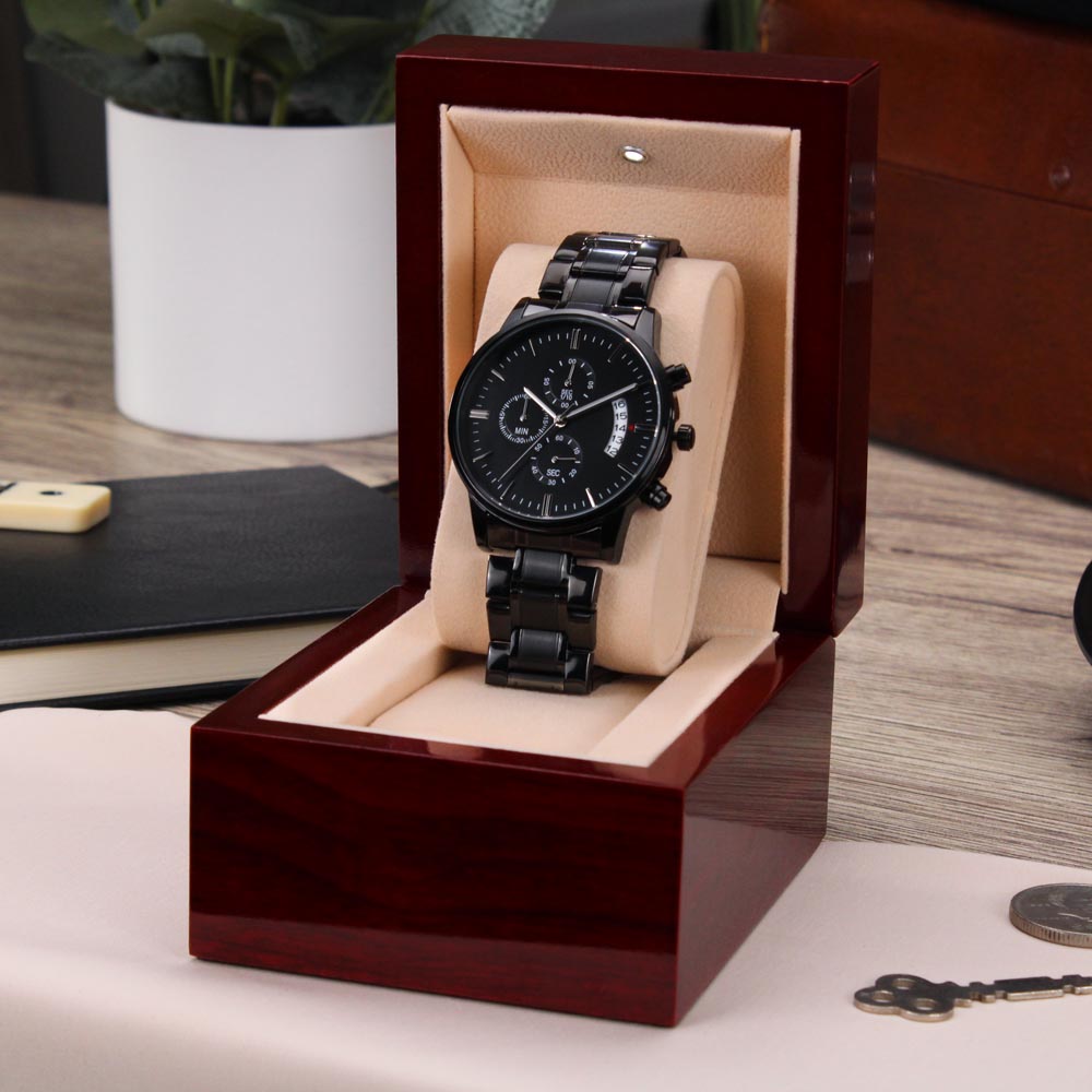 Black Chronograph Watch with Engraving – Gift-Ready Premium Box
