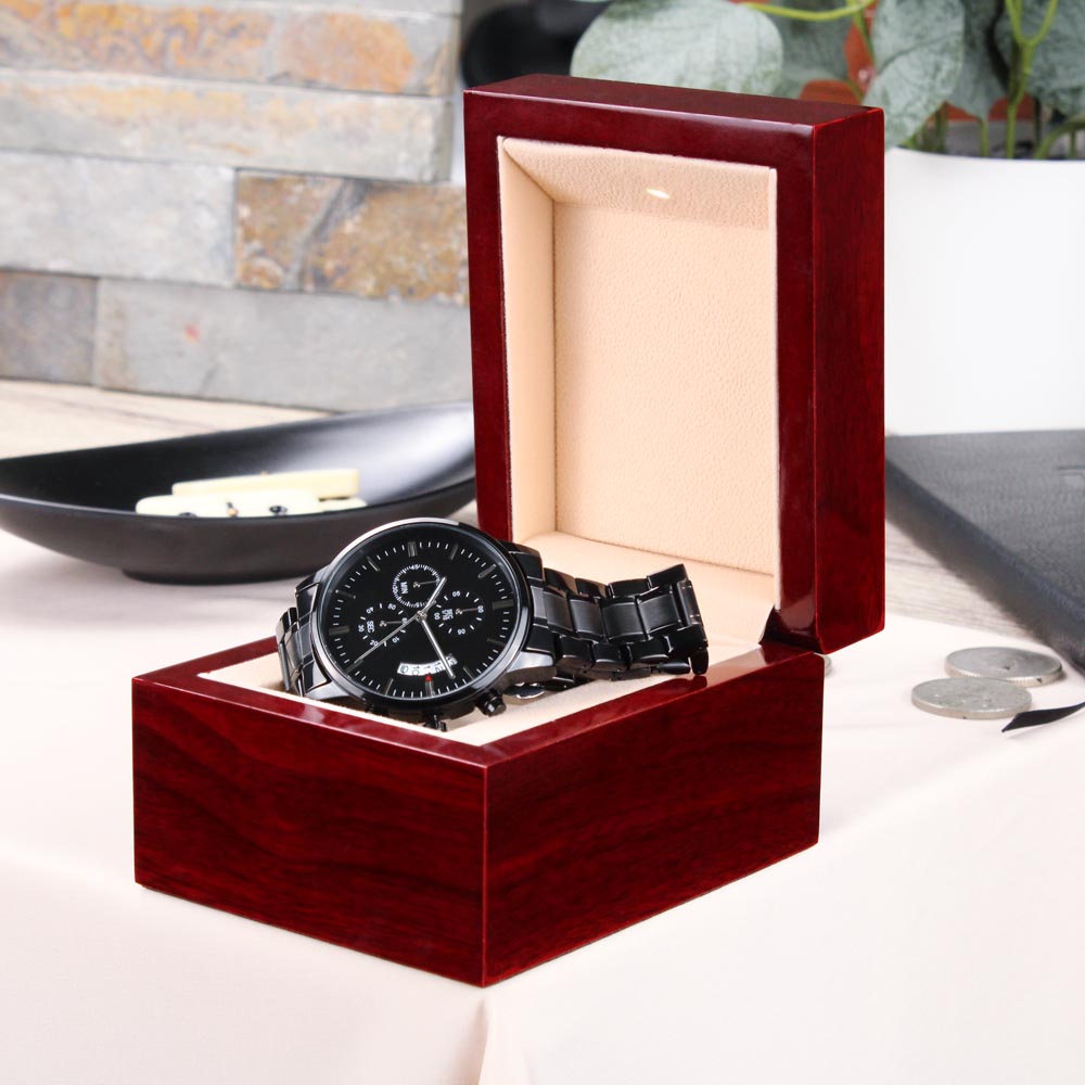 Black Chronograph Watch with Engraving – Gift-Ready Premium Box