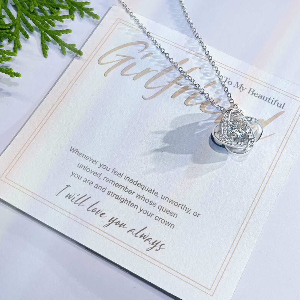 Gold Love Knot Necklace with Message Card – Gift for Girlfriend, Emotional Support Jewelry, Romantic Birthday or Anniversary Gift