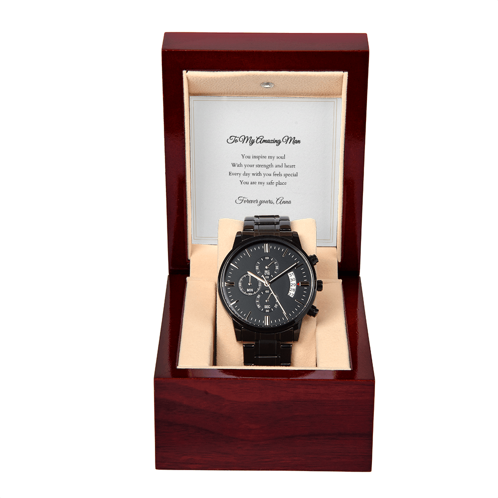 Black Chronograph Watch — with Personalized Message Card