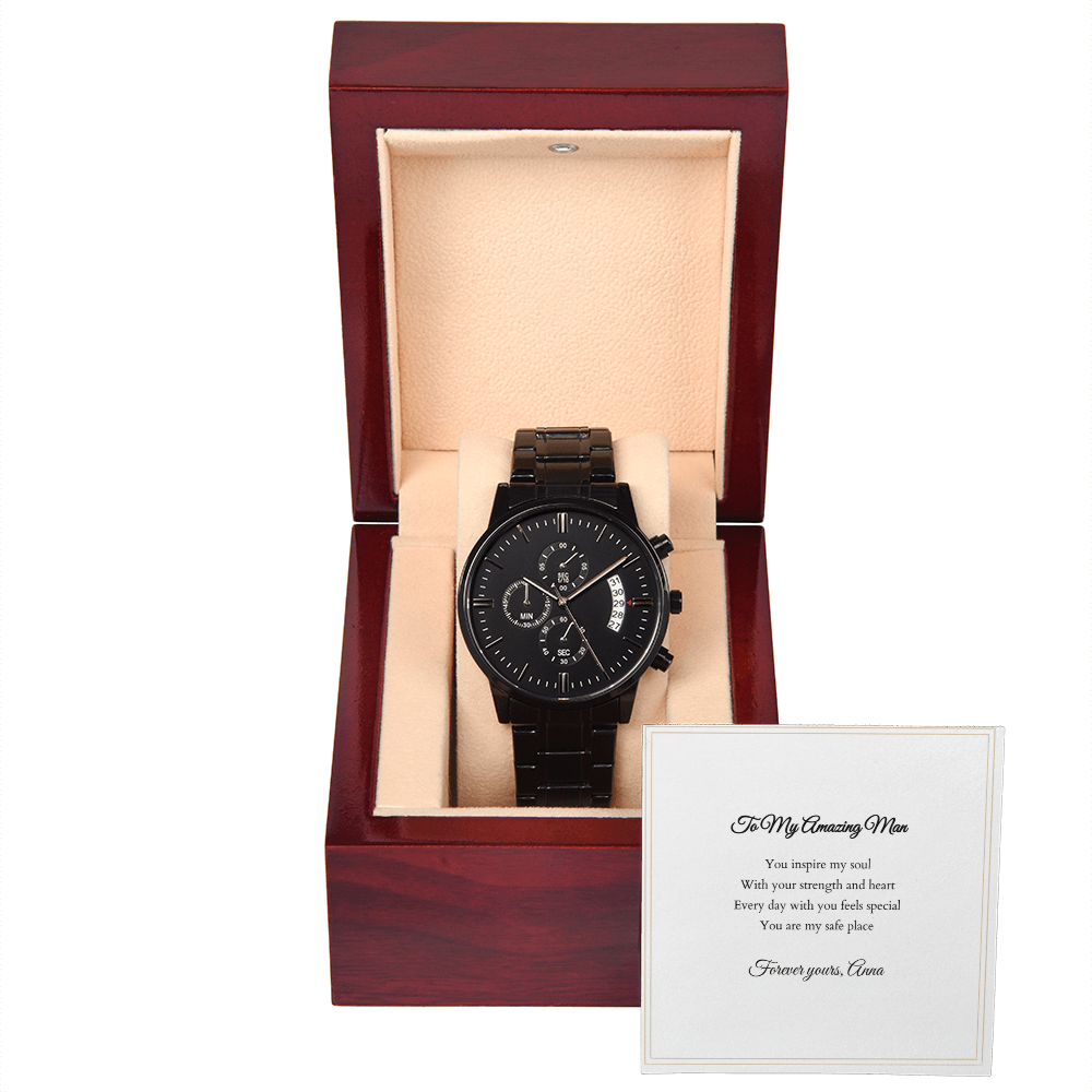 Black Chronograph Watch — with Personalized Message Card