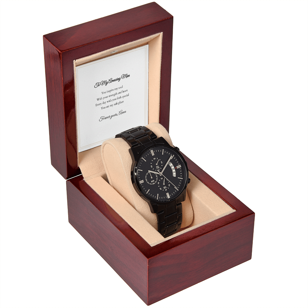 Black Chronograph Watch — with Personalized Message Card