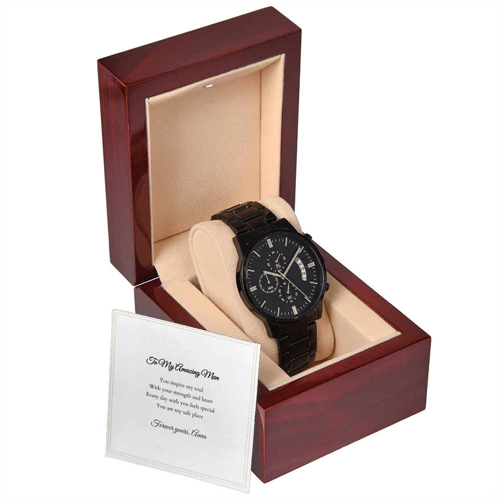 Black Chronograph Watch — with Personalized Message Card