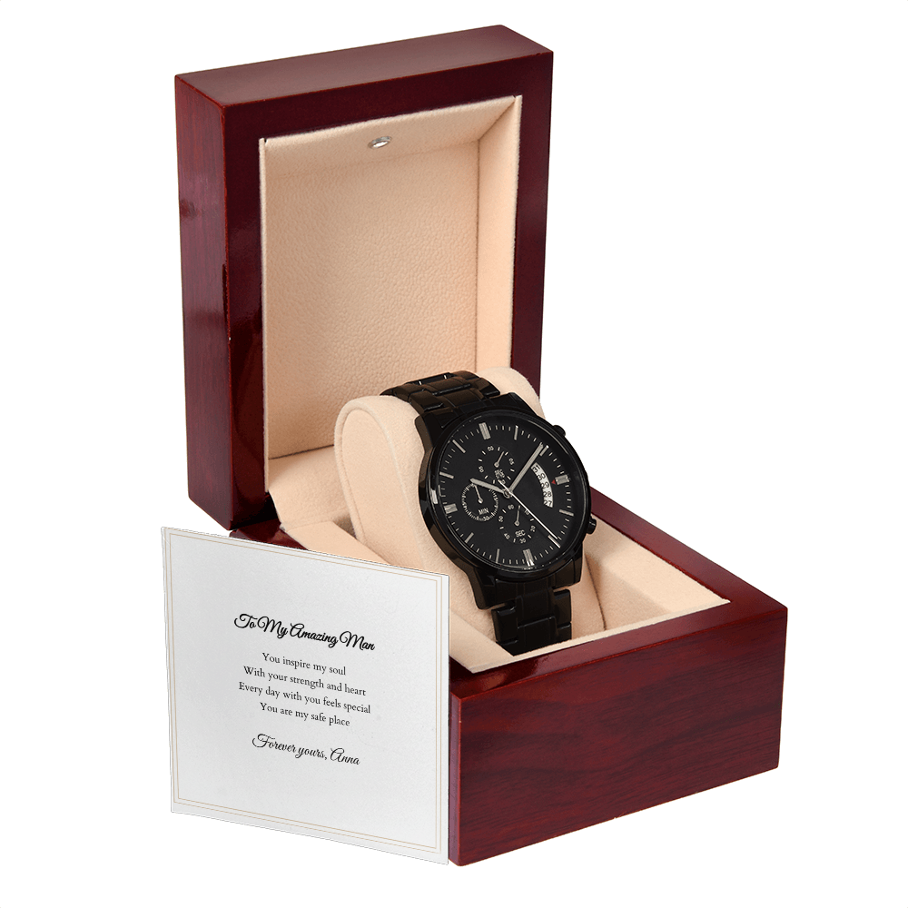Black Chronograph Watch — with Personalized Message Card
