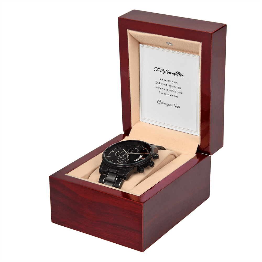 Black Chronograph Watch — with Personalized Message Card