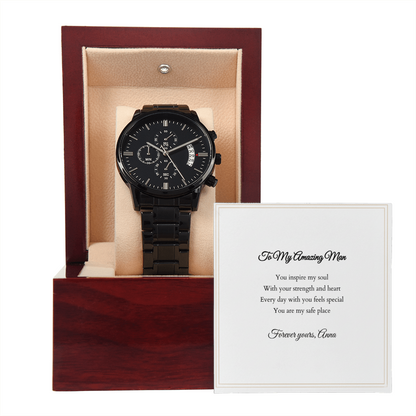 Black Chronograph Watch — with Personalized Message Card