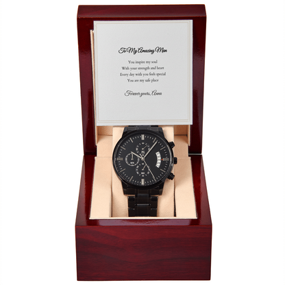 Black Chronograph Watch — with Personalized Message Card