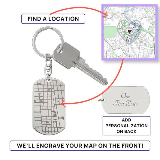 Engraved Dog Tag Keychain with Map Feature